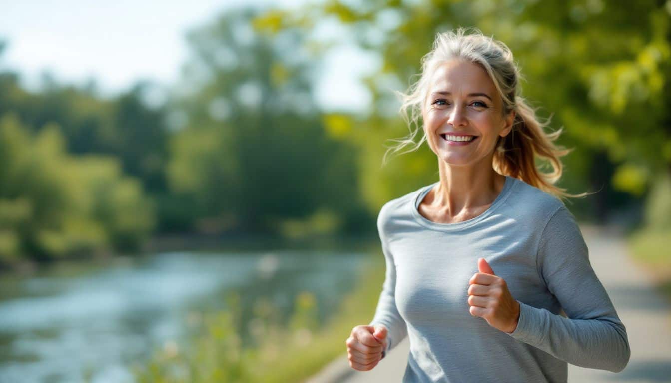 A middle-aged woman jogging on a scenic riverside path.