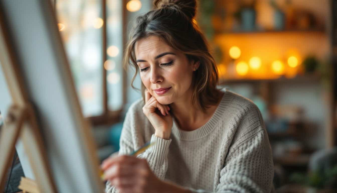 A woman engages in art therapy, painting with focused determination.