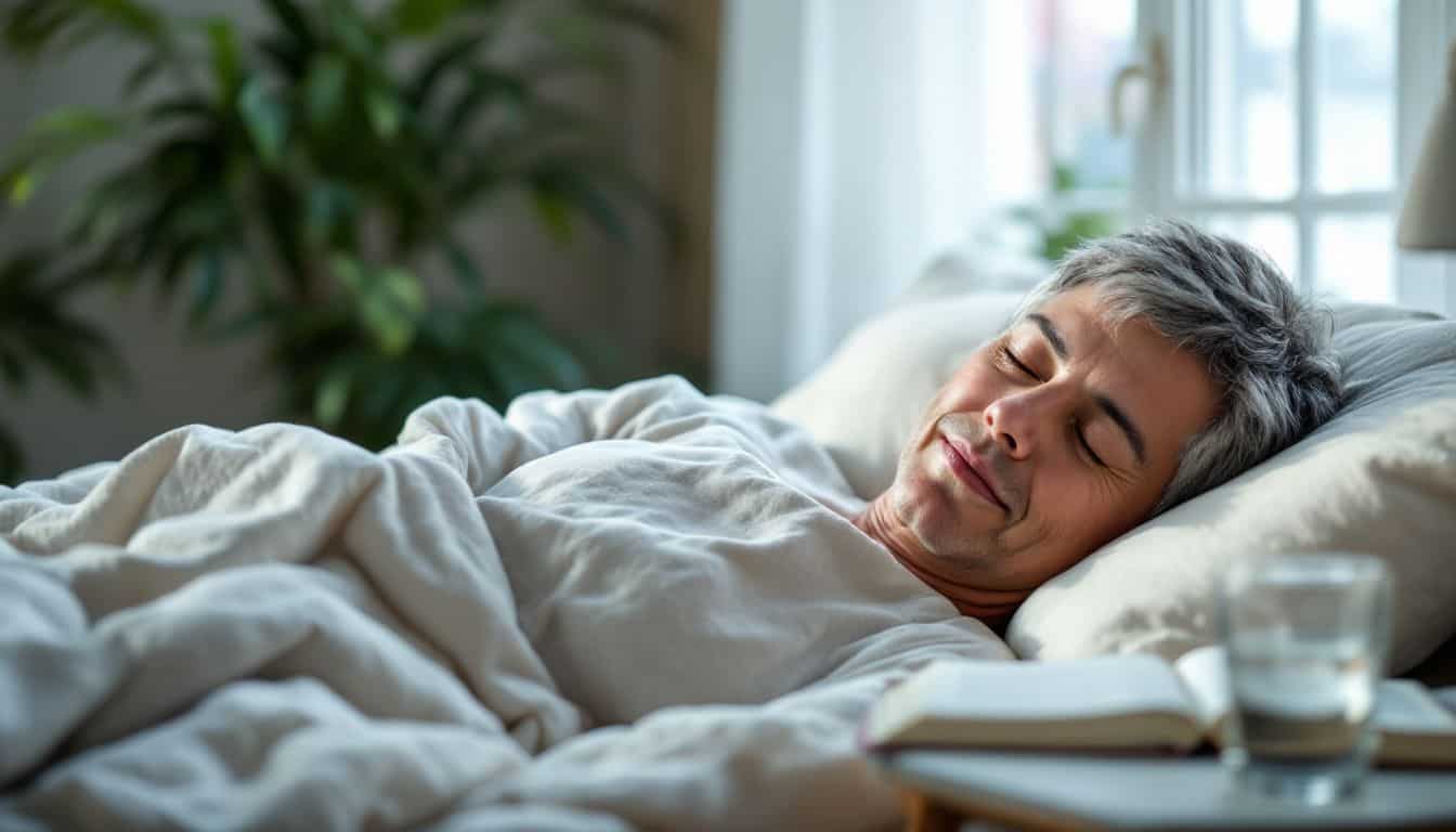 A peacefully sleeping person in a cozy bedroom with a book.