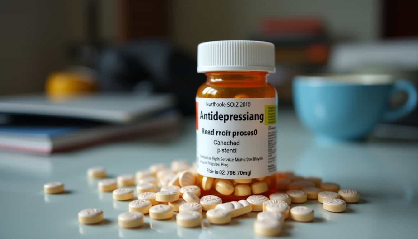 A close-up photo of antidepressant medication on a cluttered bedside table.