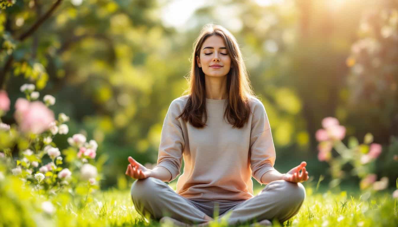 A woman in her mid-30s practices mindfulness in a serene garden.