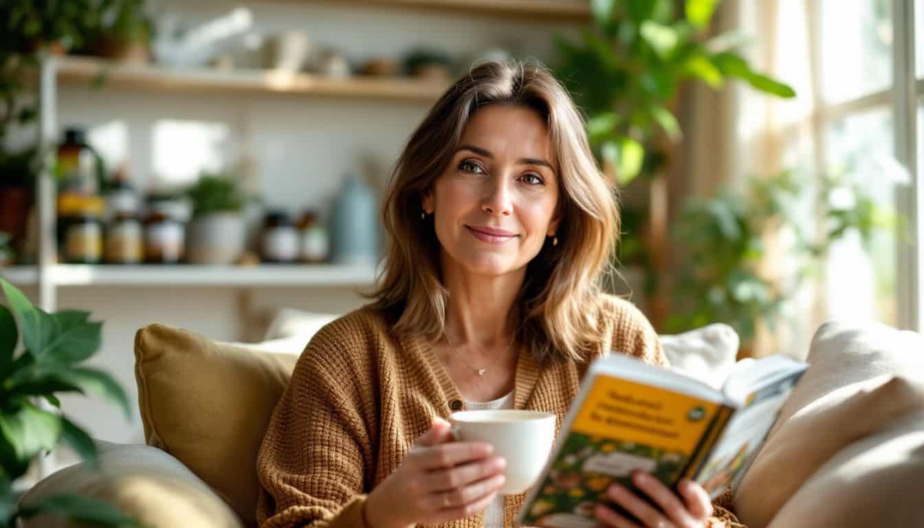 A woman enjoying herbal tea and reading about natural remedies.