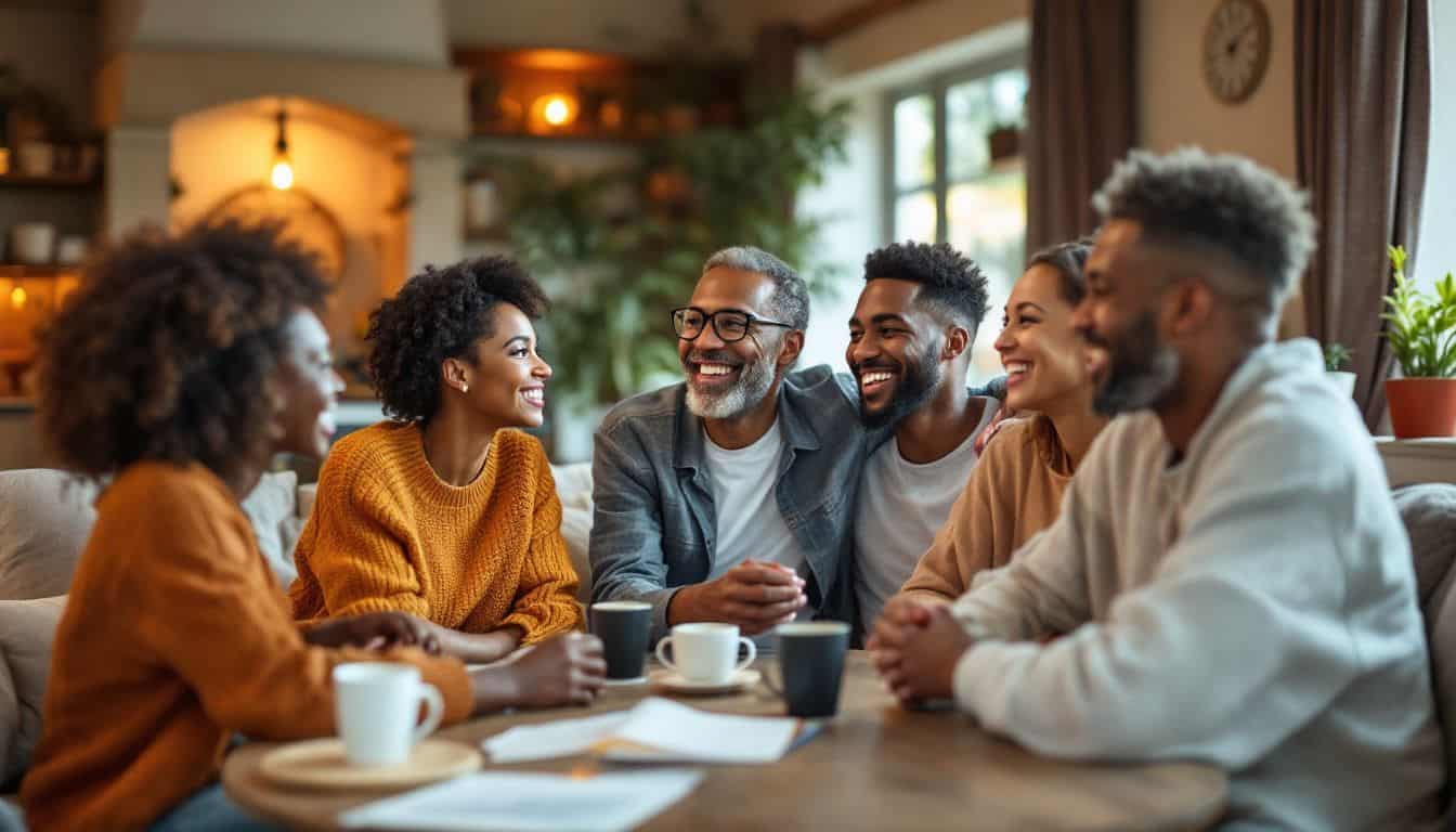 A diverse group of friends enjoying a lively conversation in a living room.