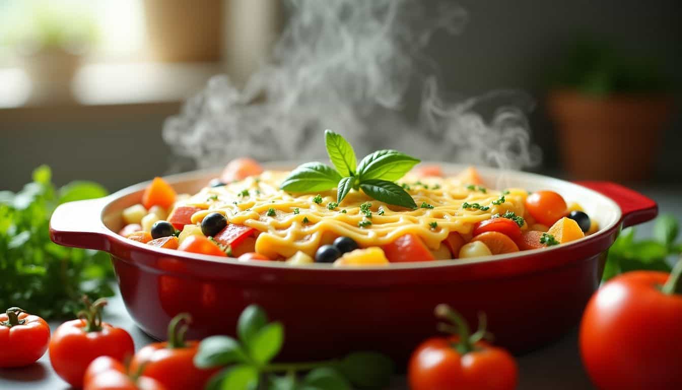 A vibrant and colorful vegetable casserole fresh out of the oven.