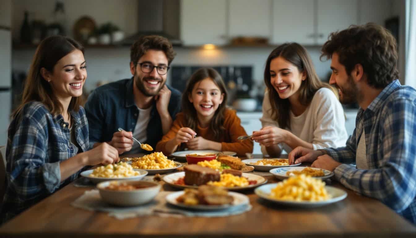 A family enjoys a casual meal of comfort foods at home.