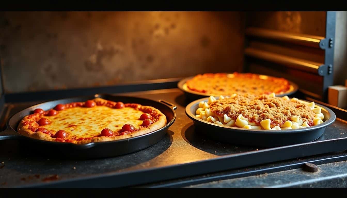 Rustic kitchen with homemade pizza and noodle casserole dishes.