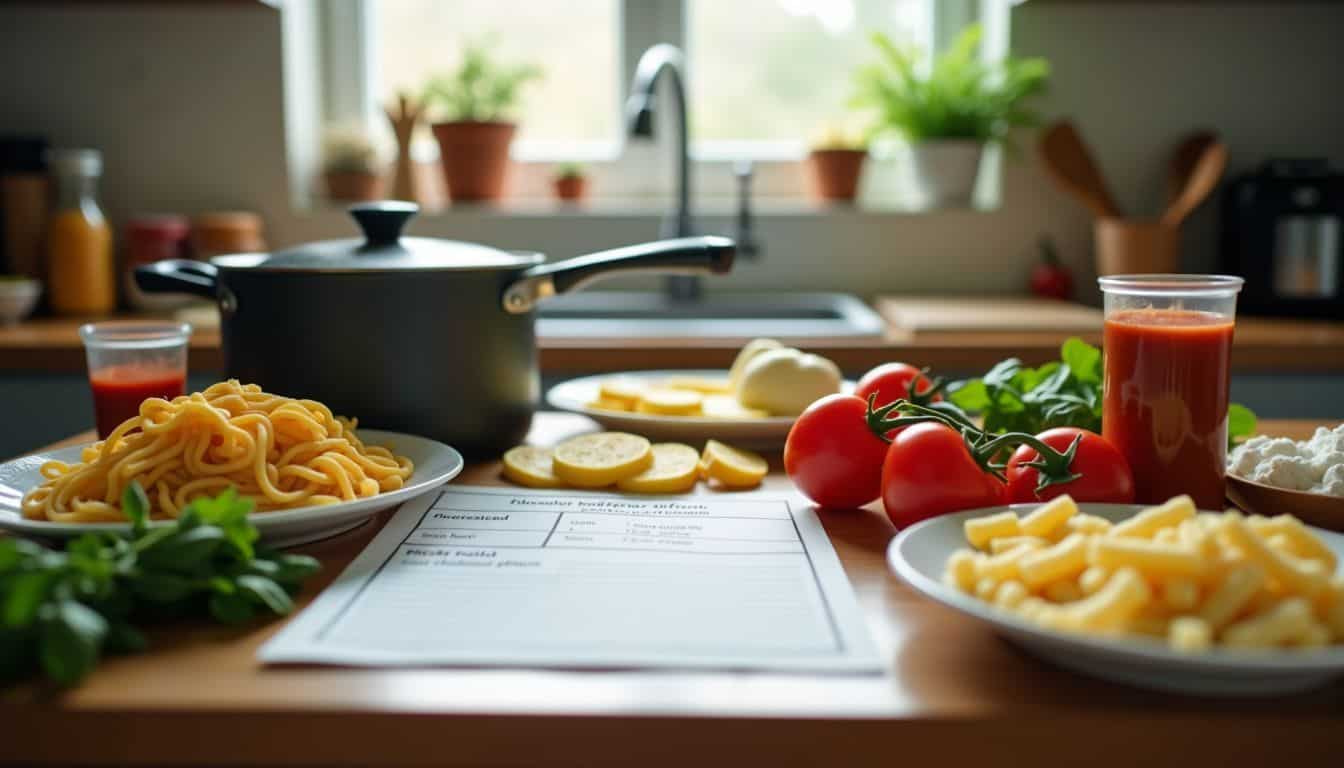 A cluttered kitchen counter with ingredients and recipe for dinner.