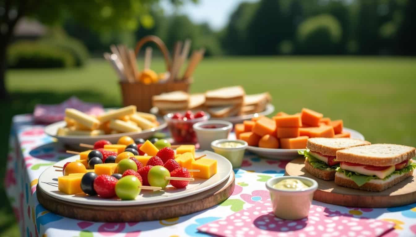 A picnic table spread with a colorful variety of food items.