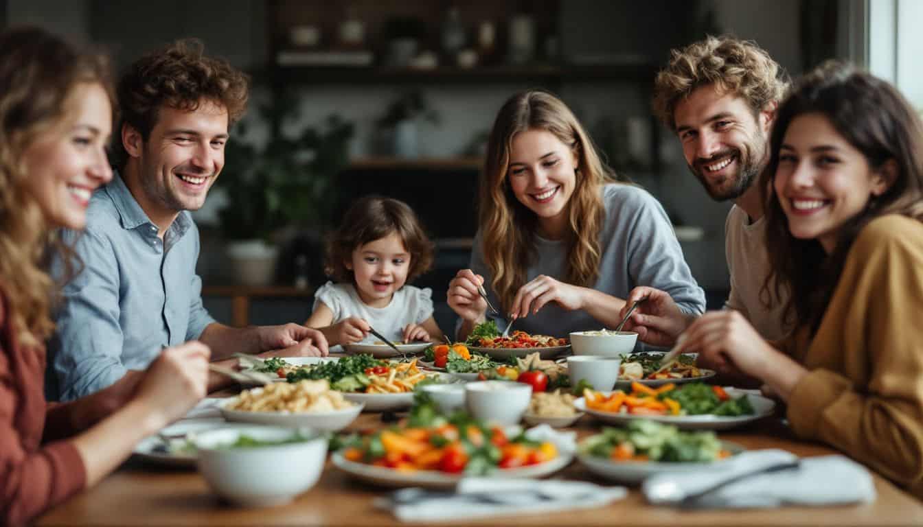 A family enjoying a colorful, healthy meal together at home.