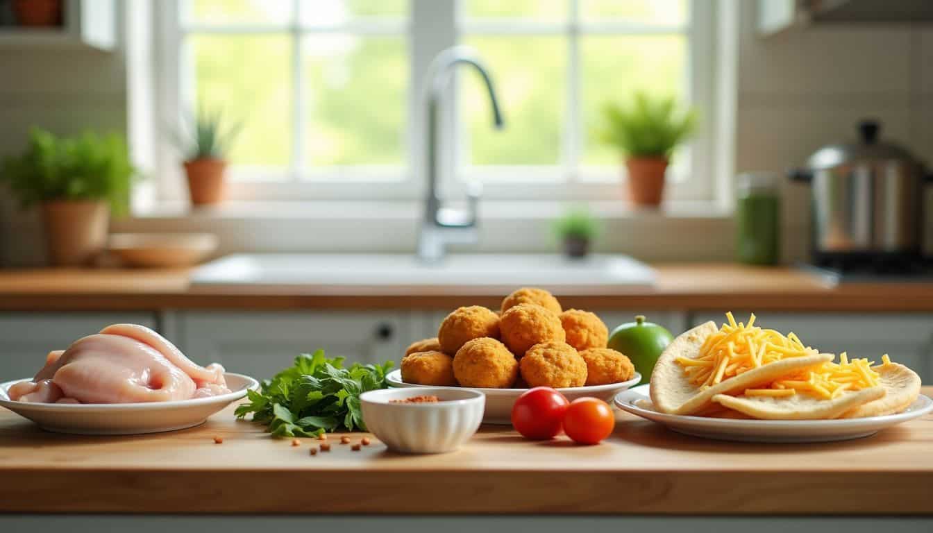 An assortment of fresh ingredients for making chicken nuggets and quesadillas.