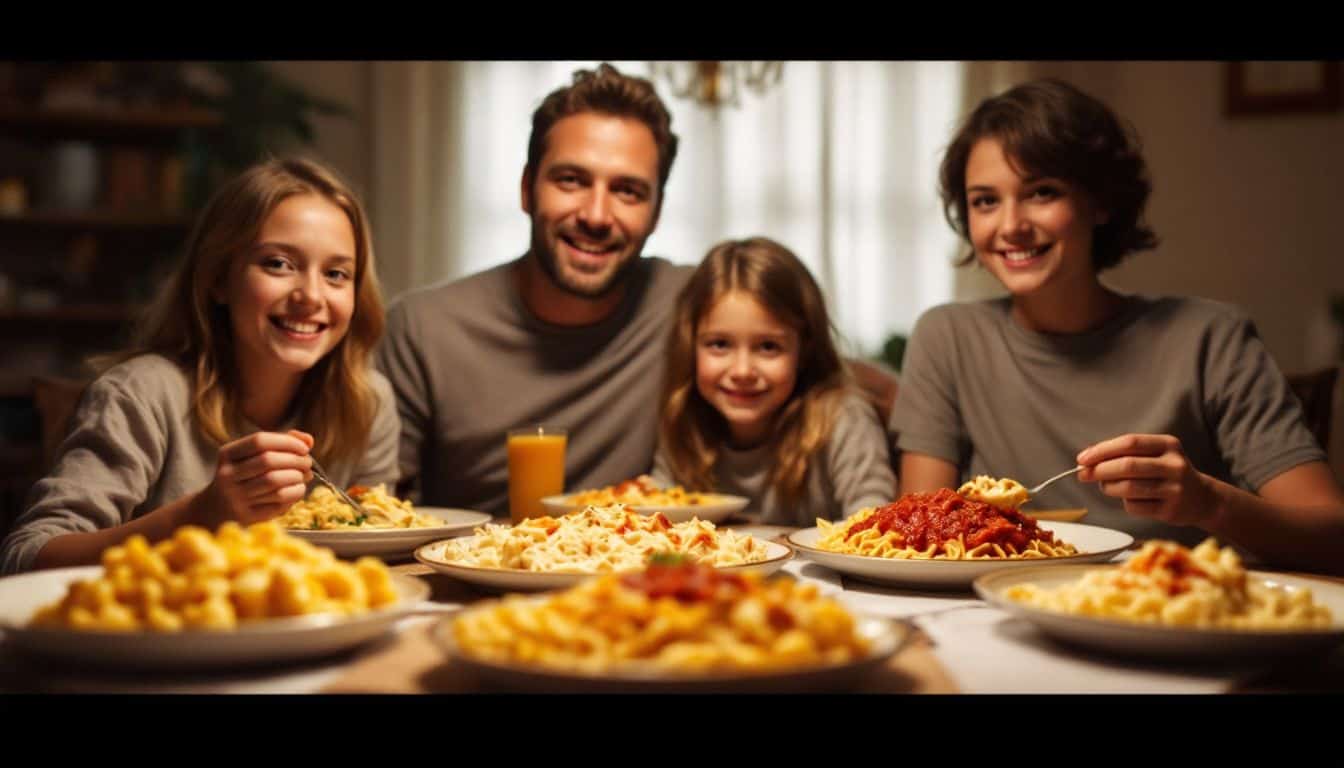 A family of four sitting at a dinner table with various pasta dishes.