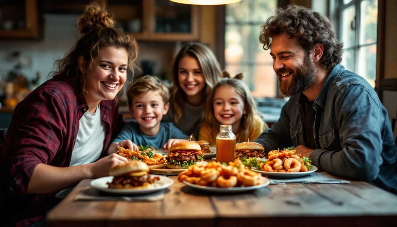 A family of four enjoys a casual dinner of sloppy joes and shrimp.