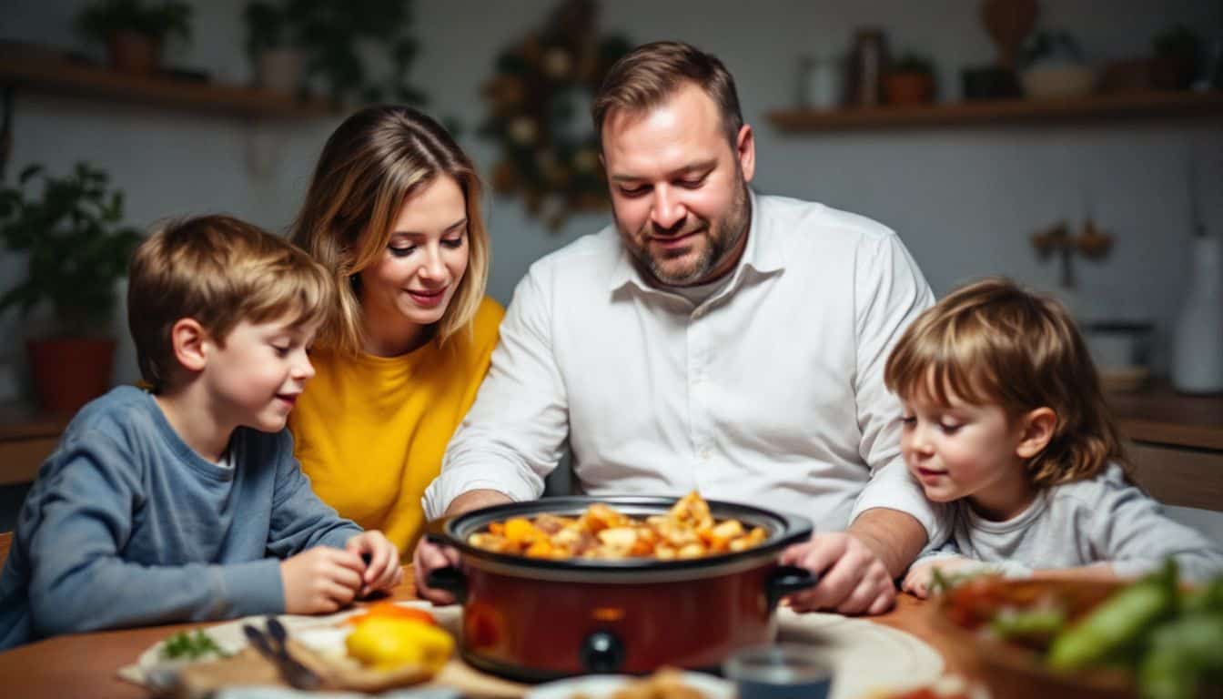 A family of four gathered around a dinner table, looking at a slow cooker meal.