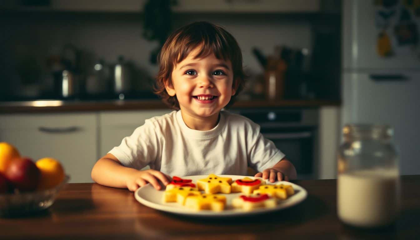 A cheerful child enjoys a cozy dinner with star-shaped sandwiches and fruit smiles.