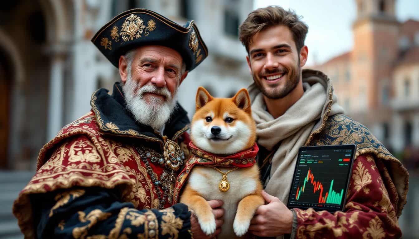 An elderly man and a young man with a dog in costume.