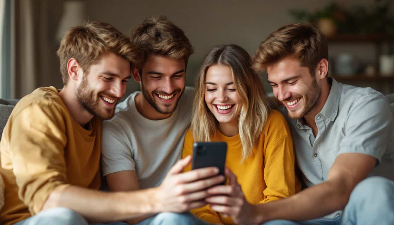 Four teenagers enjoying a Doge meme on a smartphone in a cozy living room.