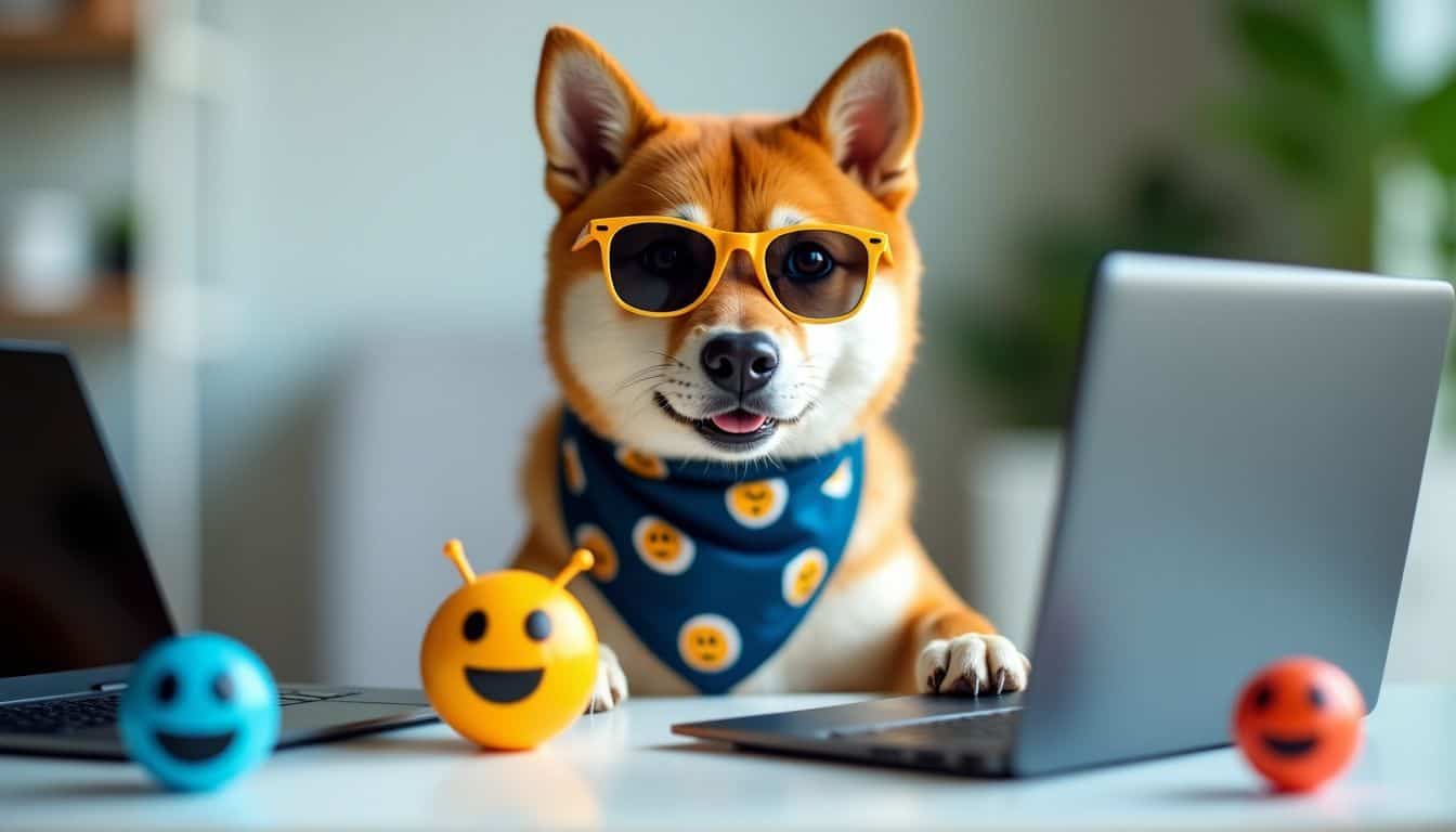 A Shiba Inu dog wearing sunglasses and a bandana surrounded by internet-themed props.