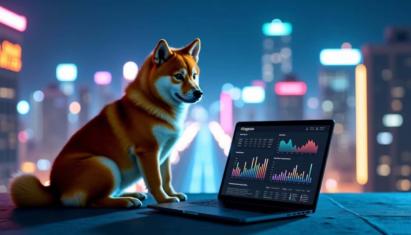 A Shiba Inu dog sits on a rooftop with a laptop showing Dogecoin.