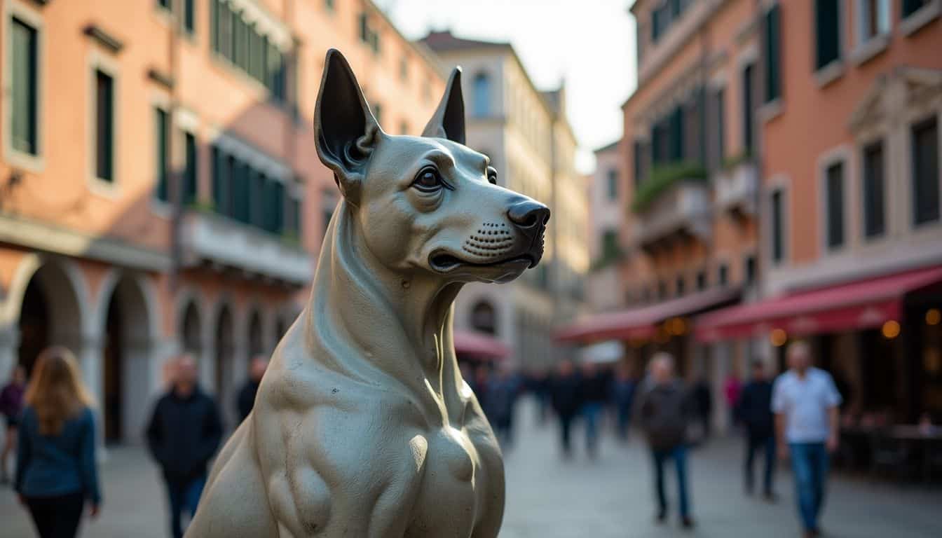 A weathered statue of a regal doge stands in a busy Venetian square.