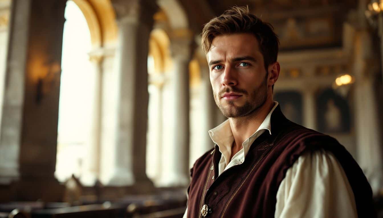 A man in historical Venetian attire stands in the grand Senate chamber.