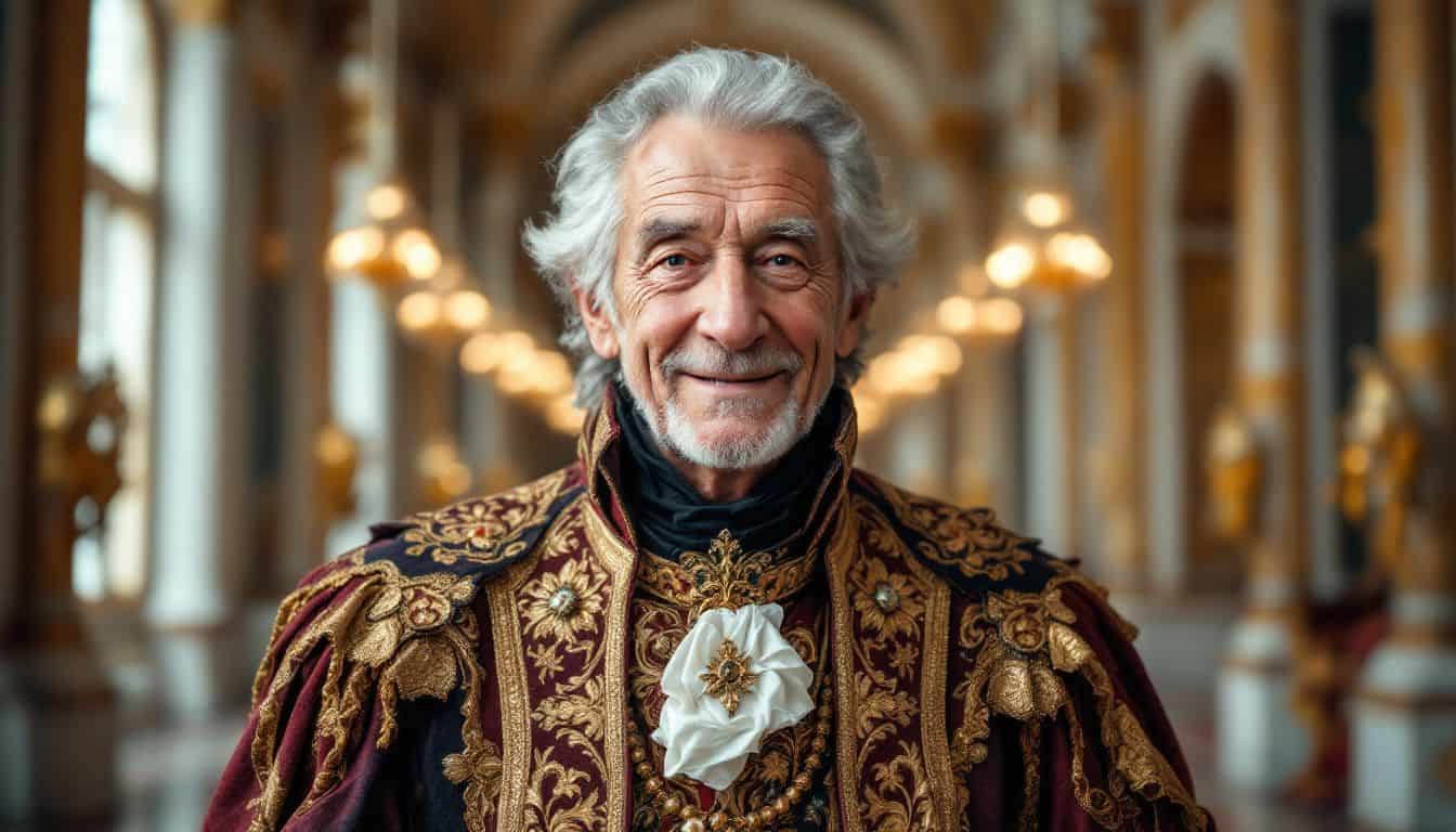 An elderly man in historical Venetian attire stands in a grand palace.