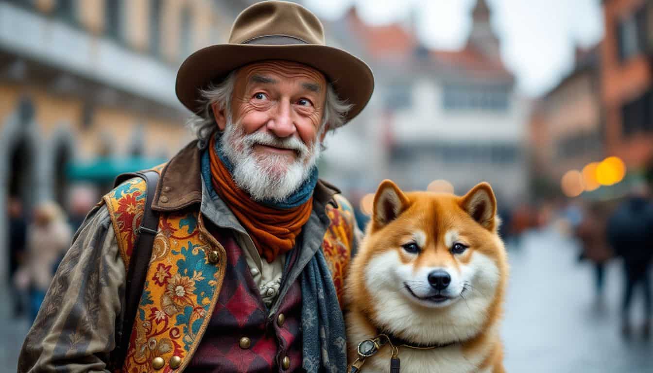 An elderly man in a Venetian-style outfit walks his Shiba Inu dog in a historic city square.