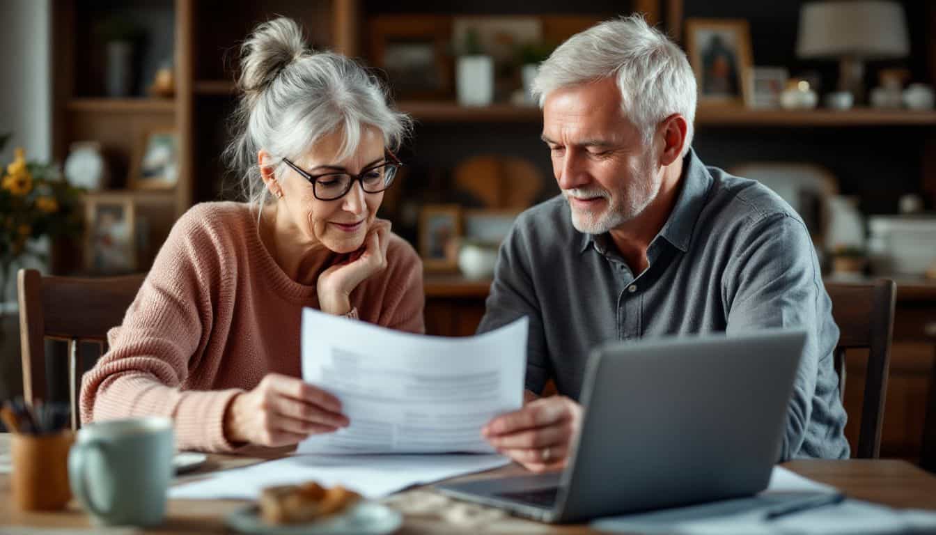 Elderly couple reviewing health insurance paperwork at cozy dining table.