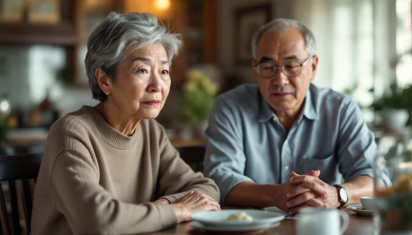 Elderly couple discussing money gifts at dining table.