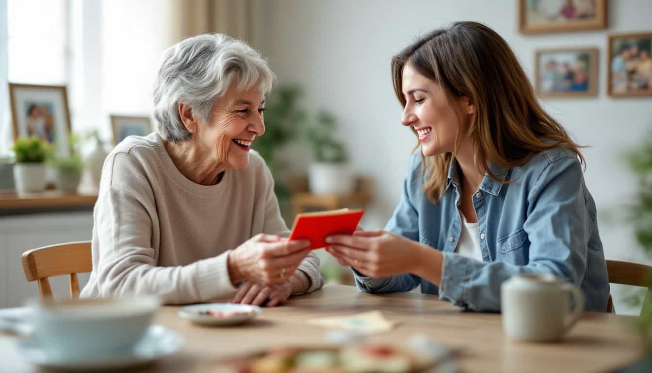 An elderly woman receives a red envelope filled with money from her adult daughter in a cozy room.