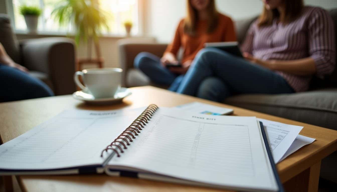 A cozy living room with a coffee table covered in financial documents.