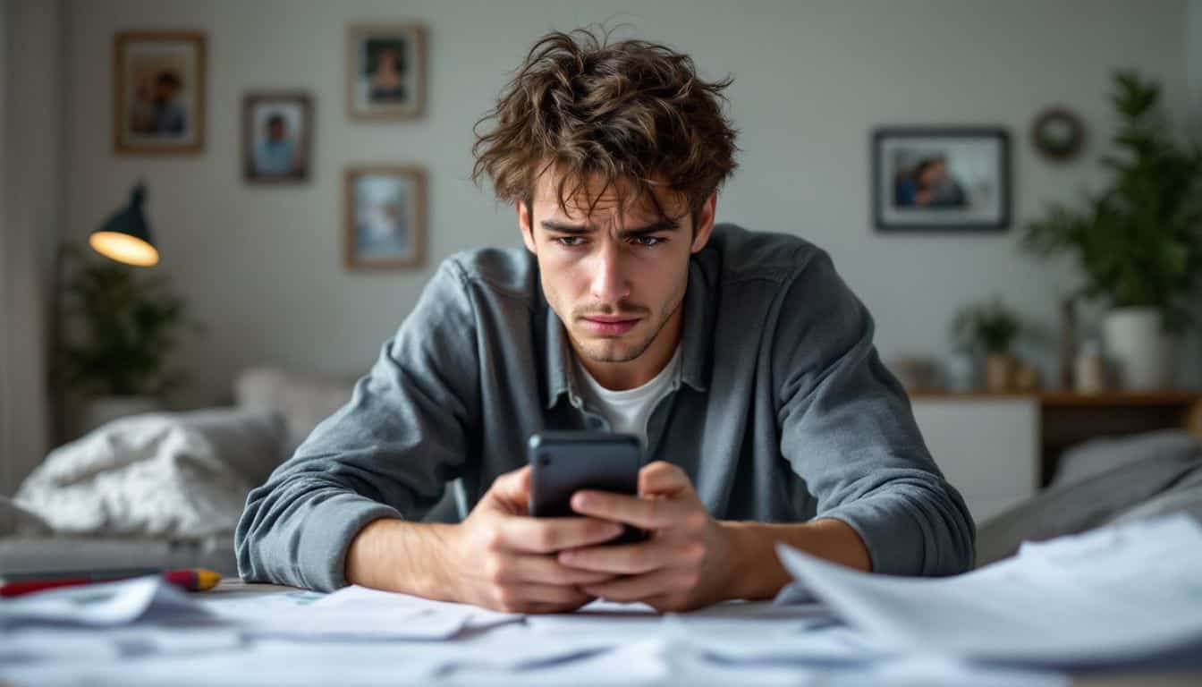 A worried young adult looking at their phone surrounded by bills and medical papers.