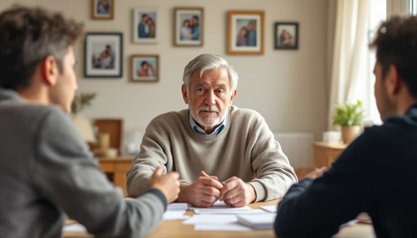 An elderly man discusses finances with his adult children at home.