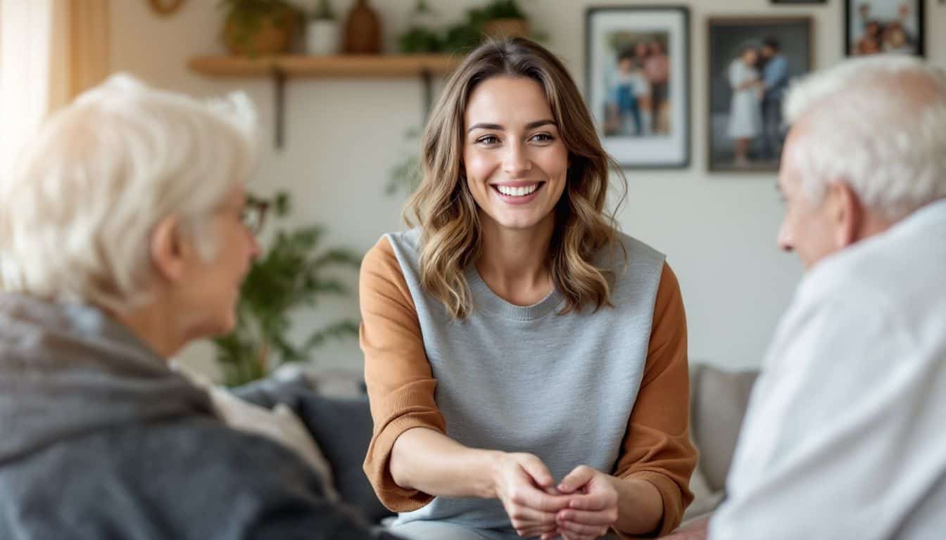 A woman in her 30s hands monthly financial contribution to elderly parents in cozy living room.