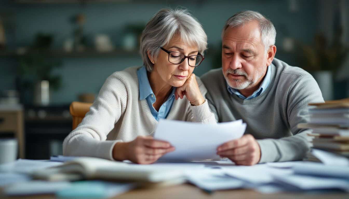 Elderly couple sitting at kitchen table, reviewing bills and medical papers.