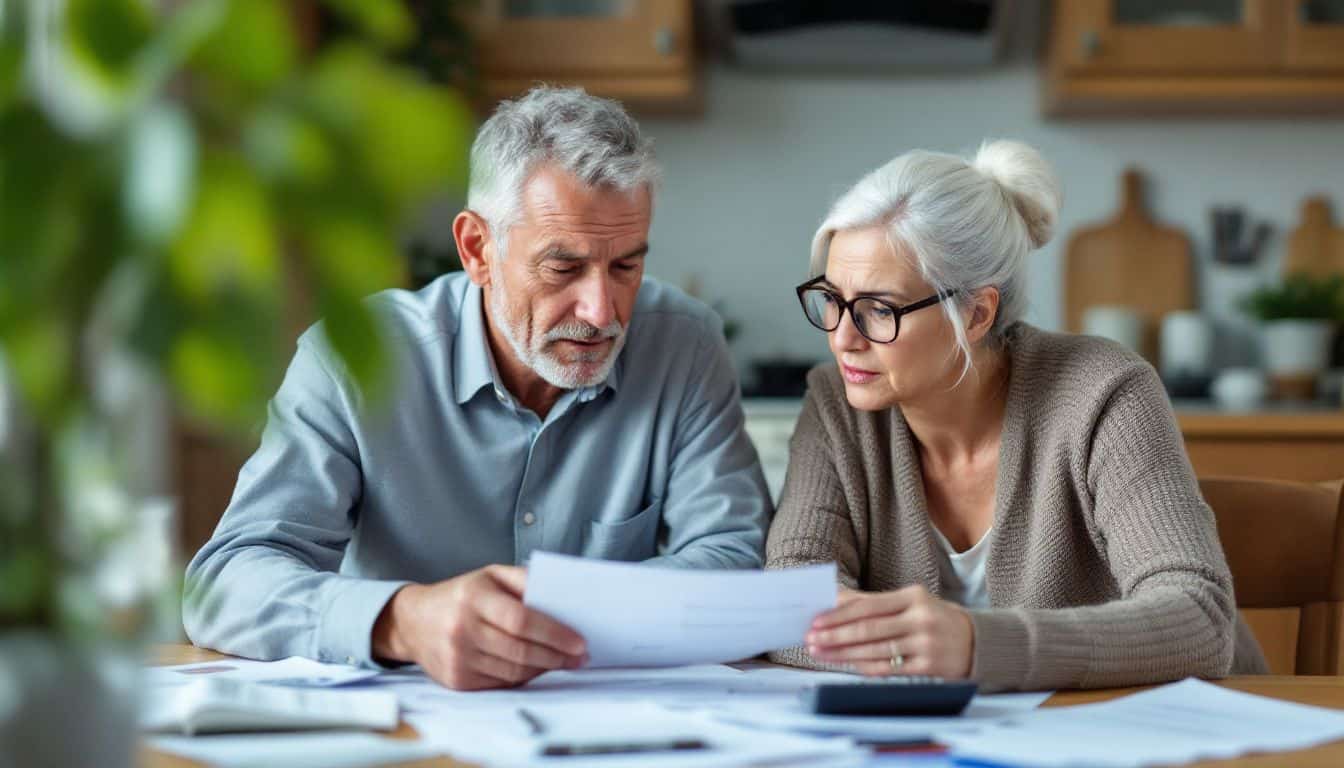 An elderly couple sits at their kitchen table, reviewing financial documents.