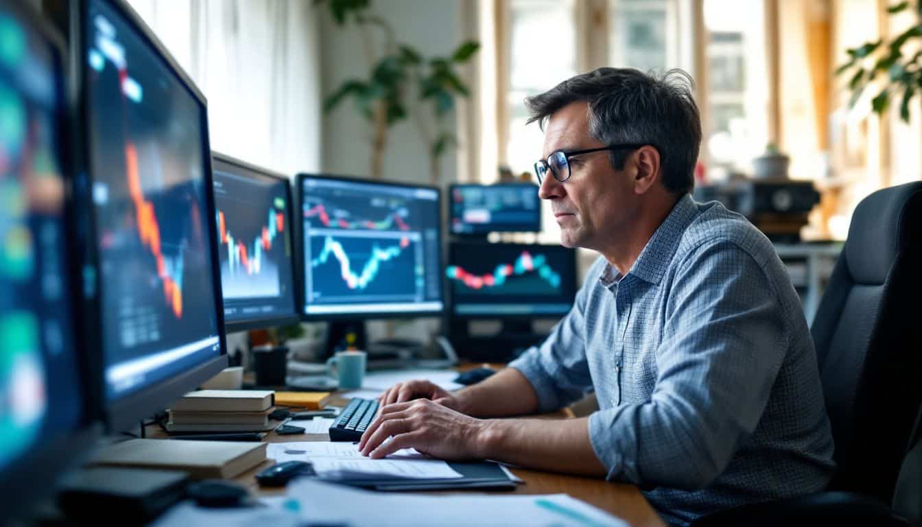 A person working in a home office on stock market analysis.