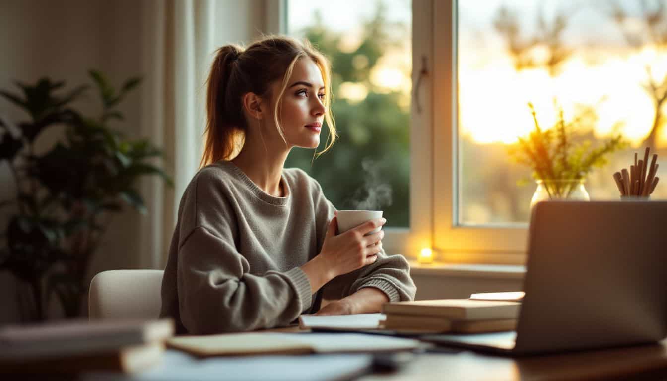 A woman in her thirties sitting at a desk with coffee.