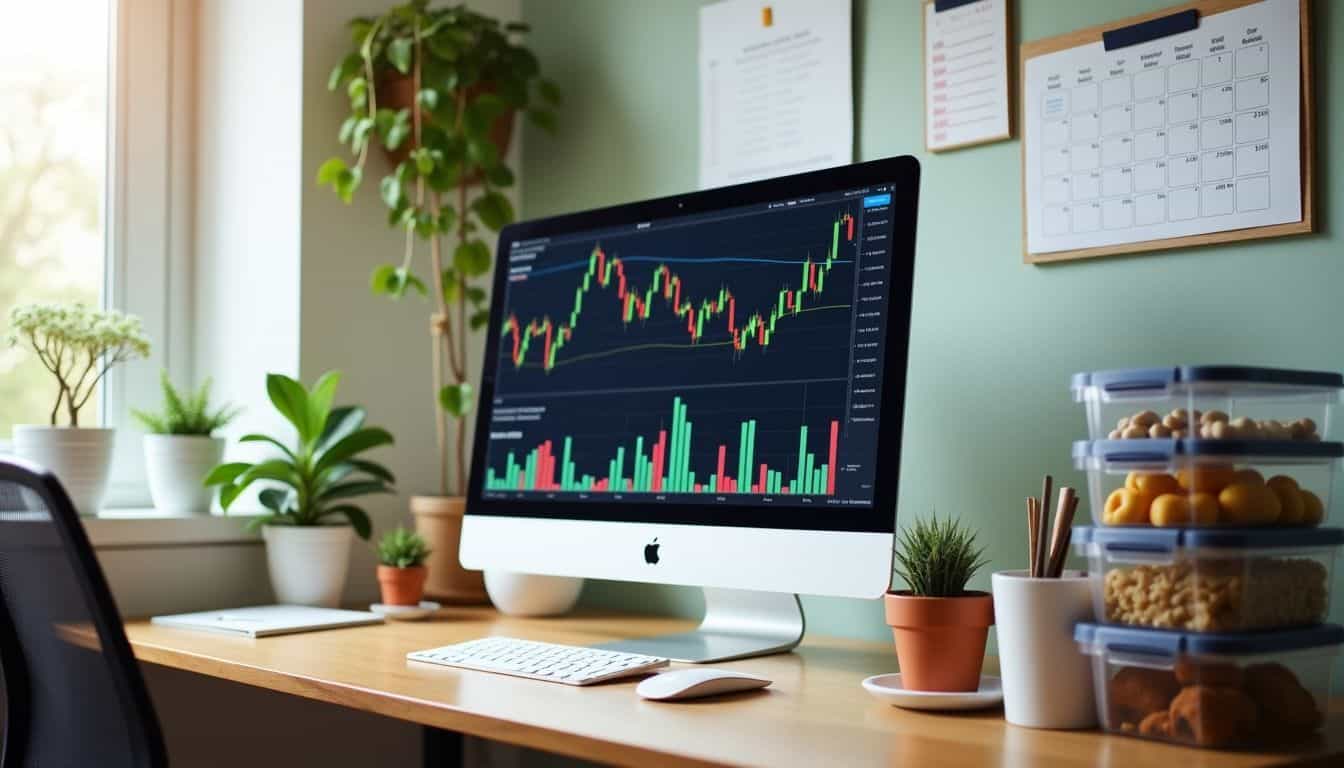 A tidy home office with stock market graphs, family calendar, and meal prep containers.