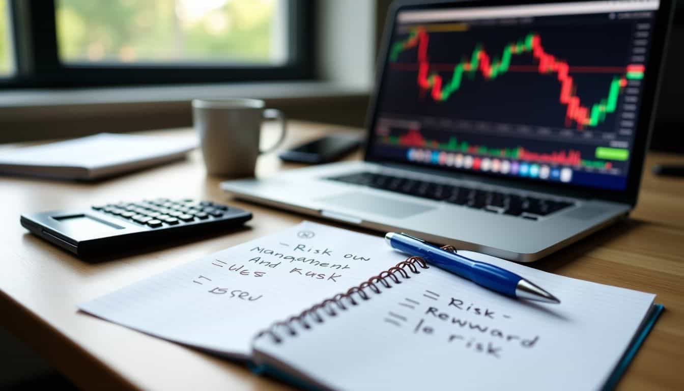 A cluttered desk with a laptop, financial notes, and risk management tools.