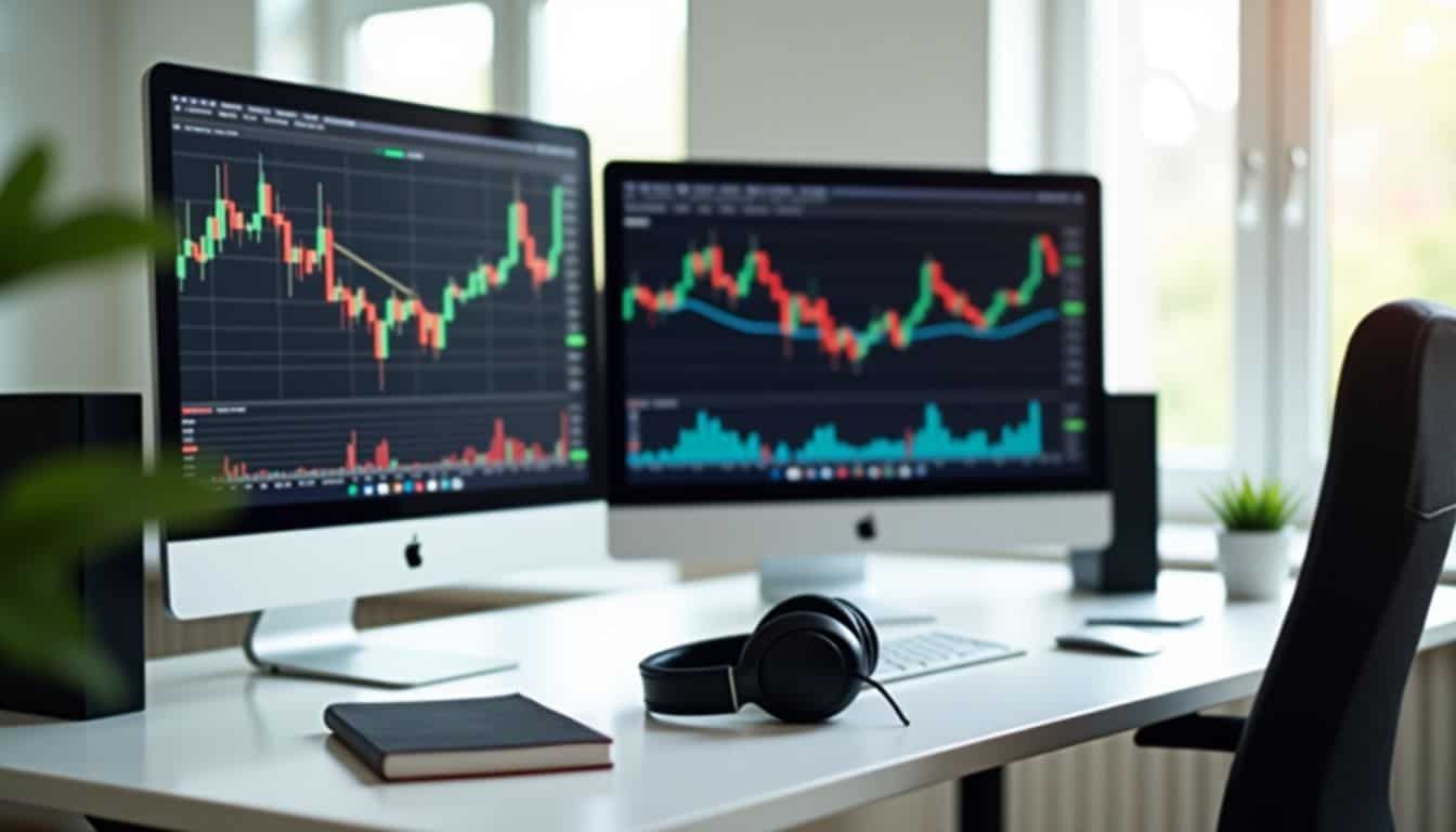 A well-equipped desk for monitoring stock charts and trading.