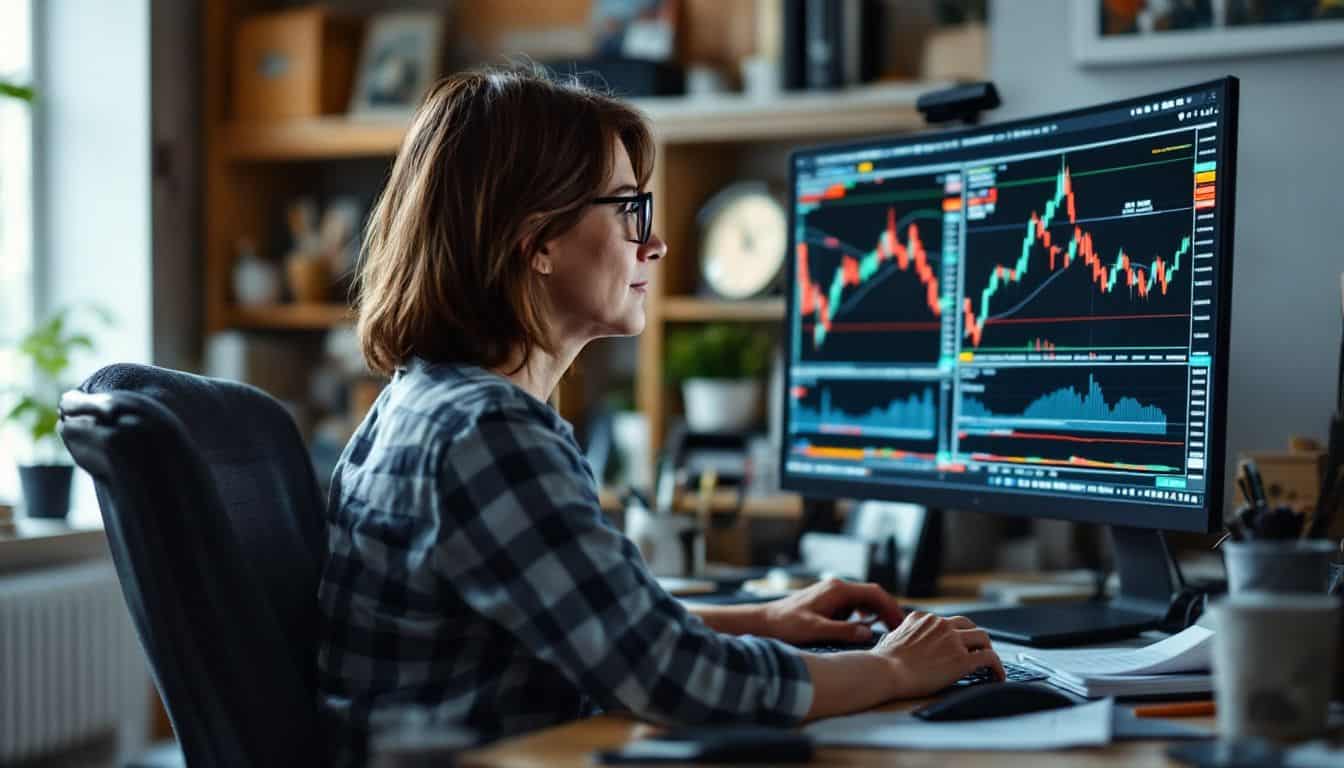 A woman is analyzing stock market charts at a cluttered home office desk.