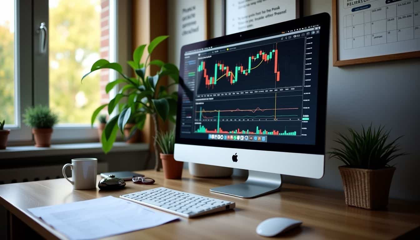 A cluttered home office desk with a computer displaying a virtual trading account.