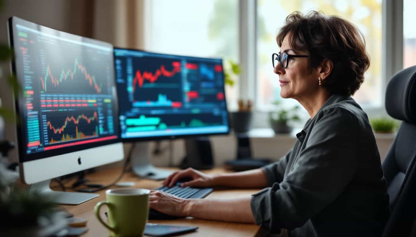 A middle-aged woman is focused on analyzing stock market data at her home office desk.