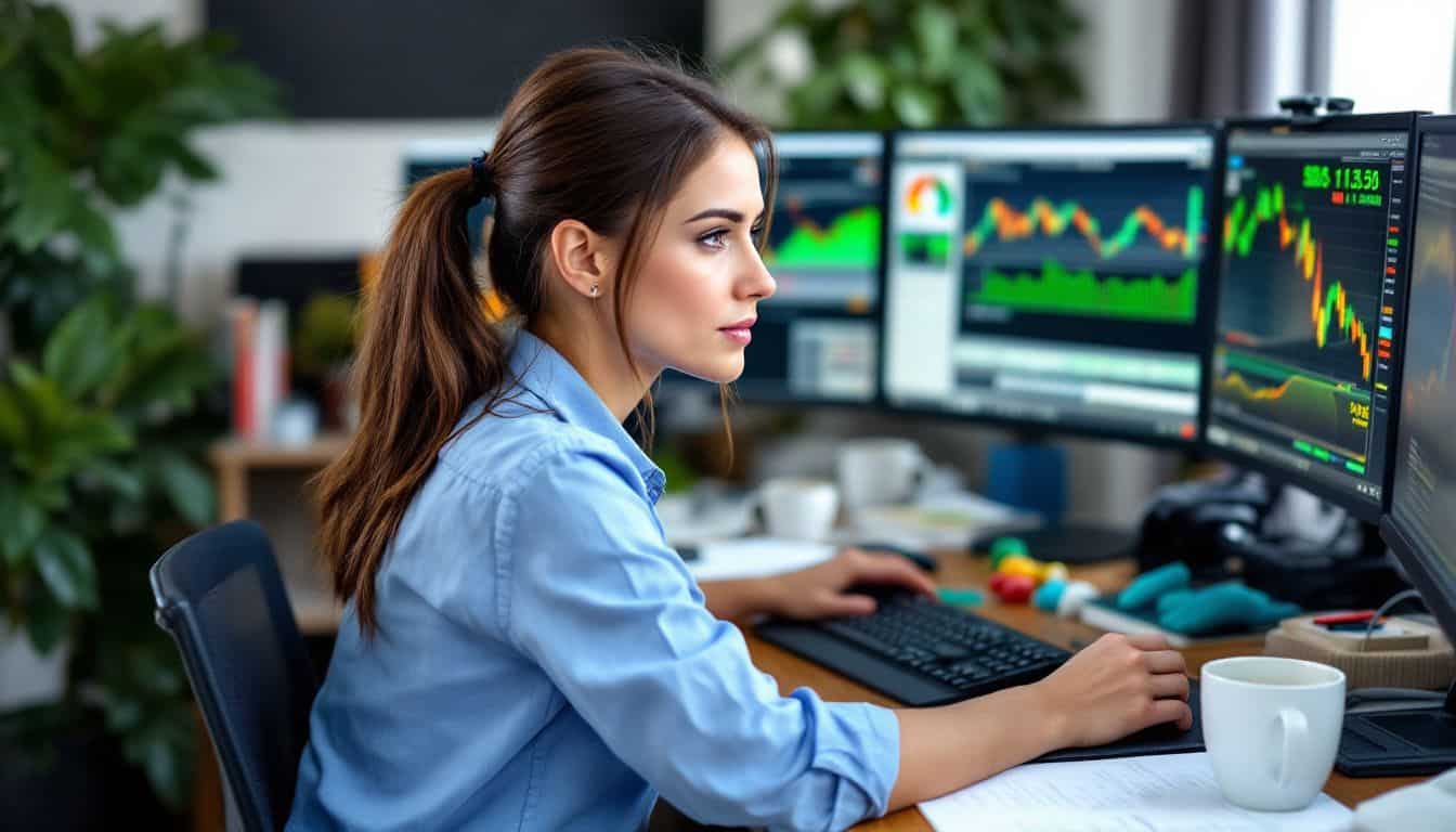 A focused woman working at cluttered home office desk.