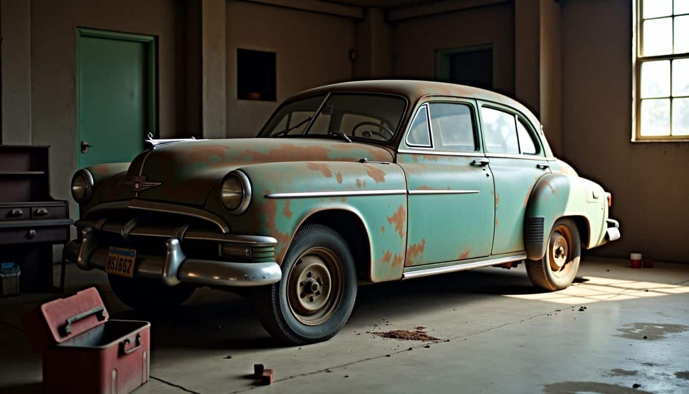 A neglected vintage car with chipped paint and flat tires in a garage.