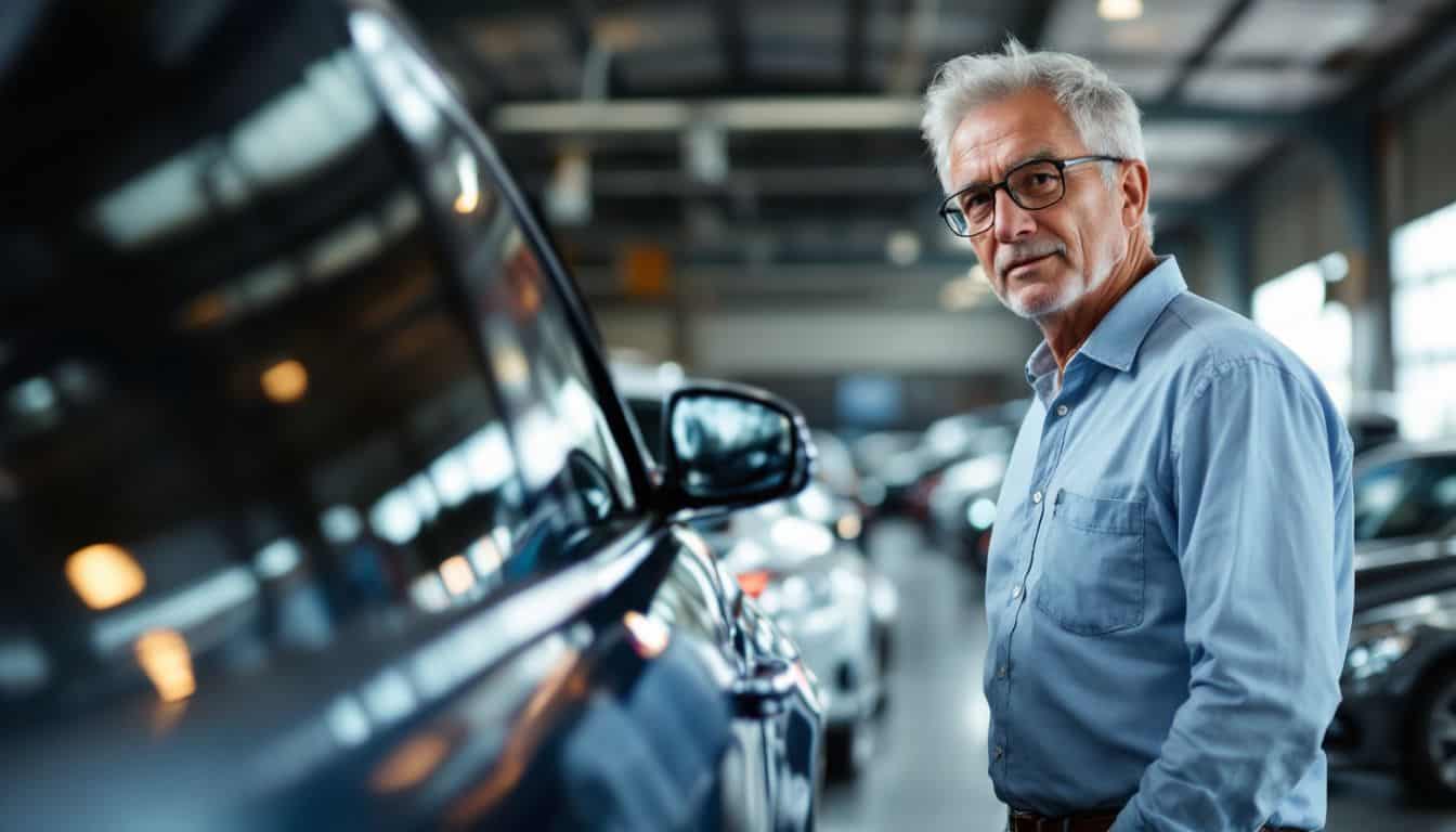 An older man examines a car at an auction in a warehouse.