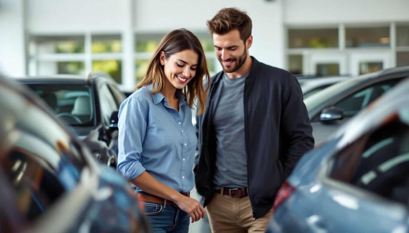 A couple in their 30s browsing certified pre-owned cars at a dealership.