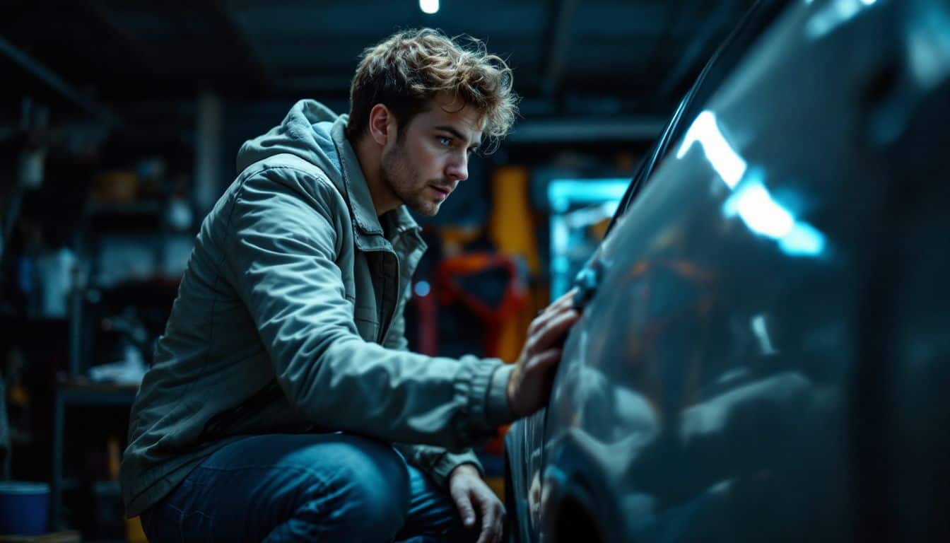 Person examining used car in garage for past damage.