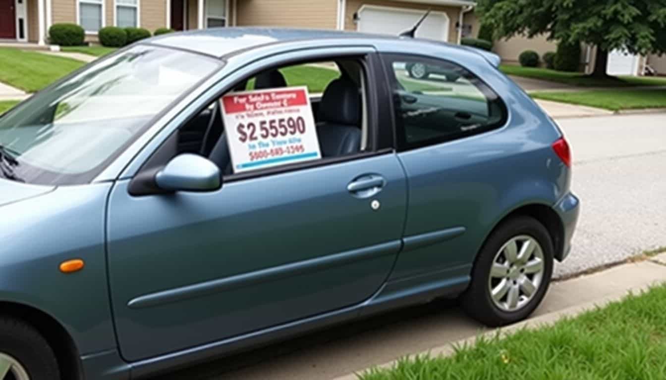 A used car with a 'For Sale by Owner' sign parked on a residential street.