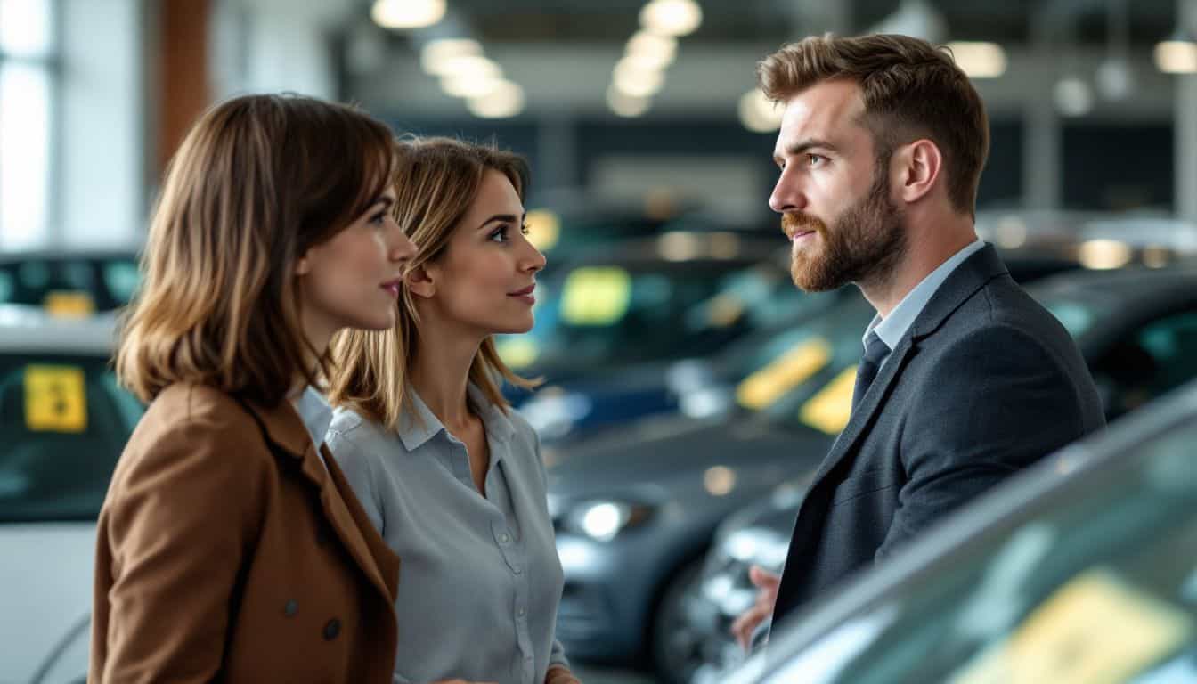 Busy car dealership showroom with vehicles, salesperson, and overwhelmed couple.